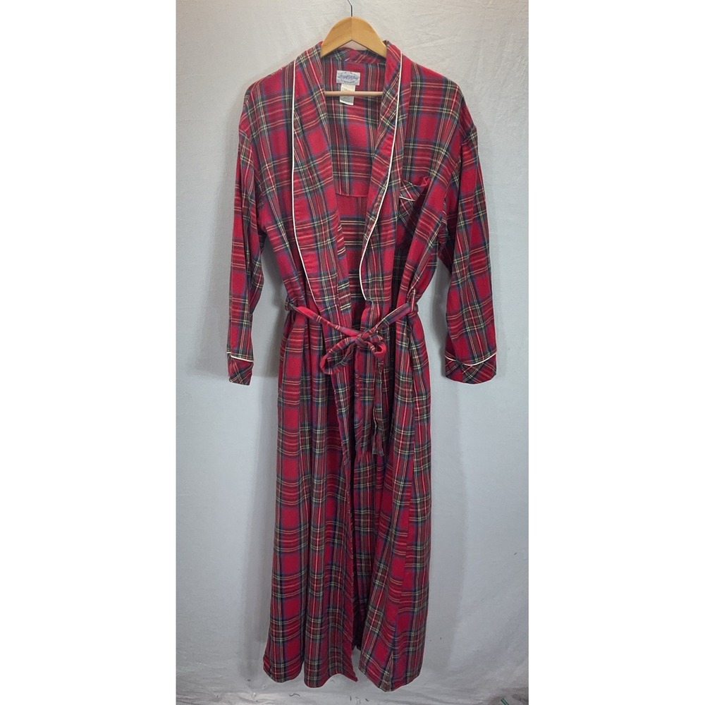 Vtg Lanz Of Salzburg RED Wrap Robe LG Tartan plaid  Pockets Belt USA Classic